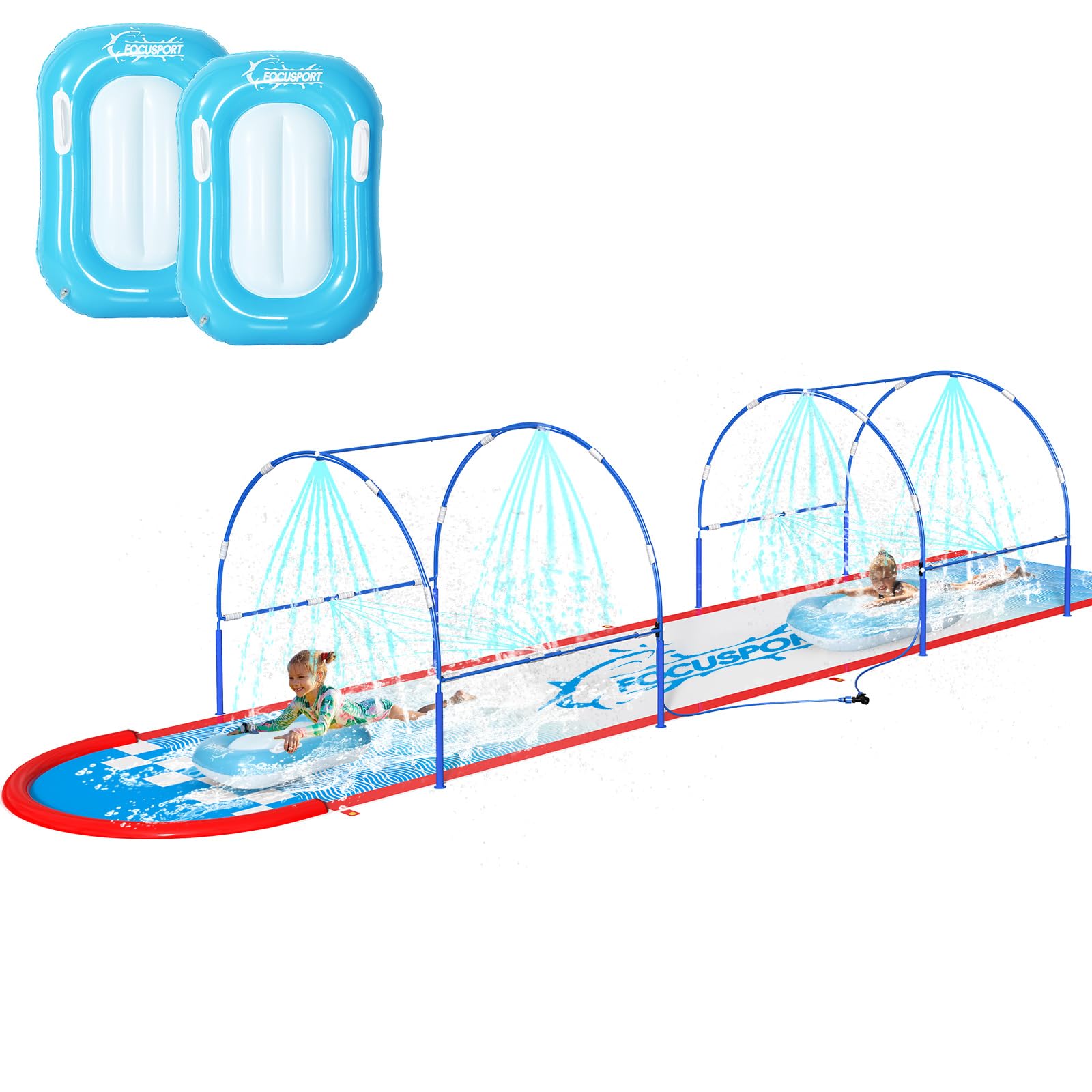Toboggan à eau de pelouse de 7,9 m avec double cadre en métal et système d'arrosage indépendant, toboggan aquatique pour enfants, comprend 2 bodyboards, 6 piquets, pompe à air, jouet