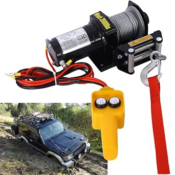 12V 2000lb ATV/UTV Electric Winch, Truck Winch with Big Yellow Wired Remote and Winch Mounting Plate, Off-Road Waterproof Steel Cable Winch for for UTV ATV & Jeep Truck and Wrangler in Car Lift