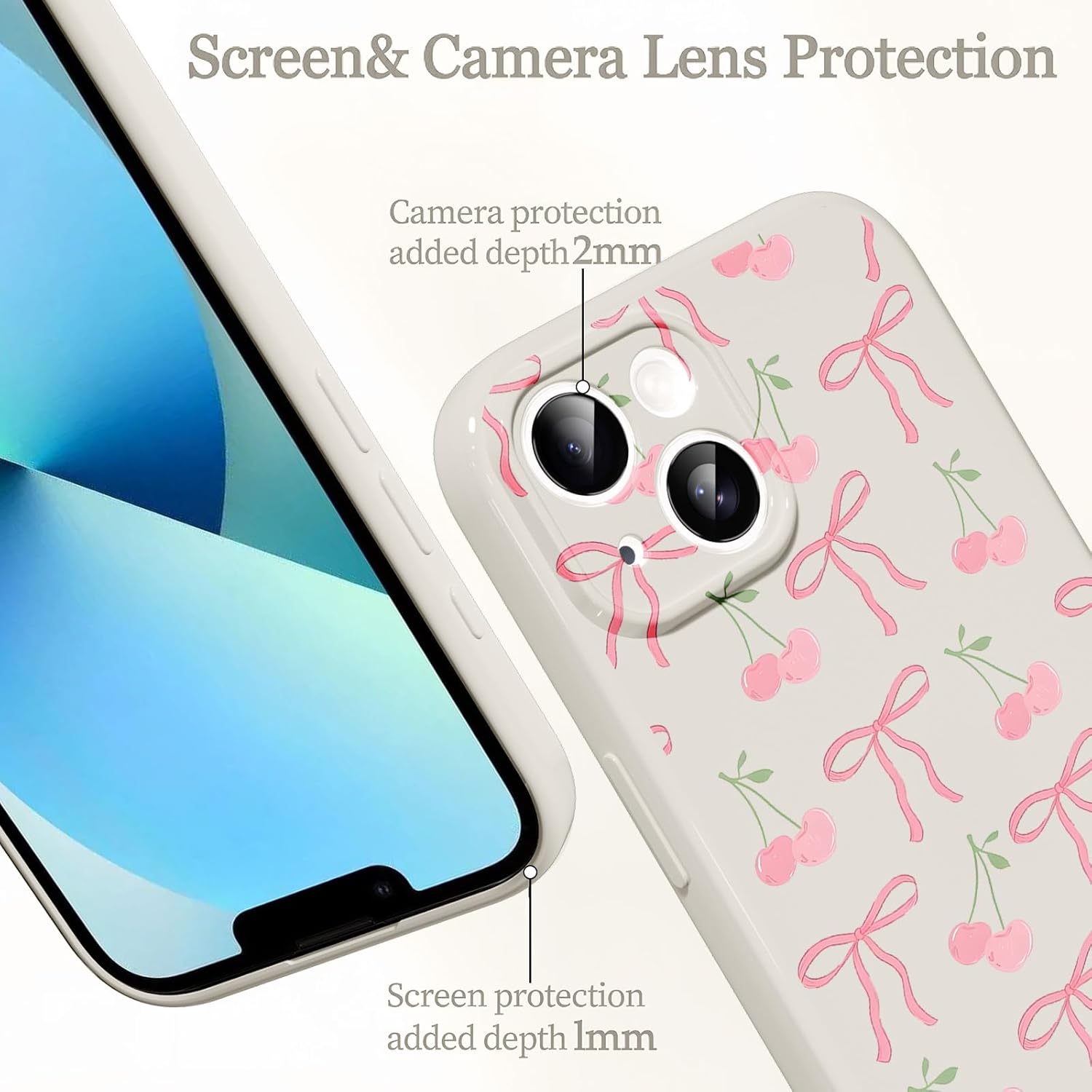 Cute Bow Phone Case for iPhone 13 6.1", Aesthetic Pink Cherry Ribbon Bowknot Pattern Print Design Women Girly Case Gloss Raised Camera Protective Cover Soft Slim Silicone Shockproof TPU Funda - Image 3