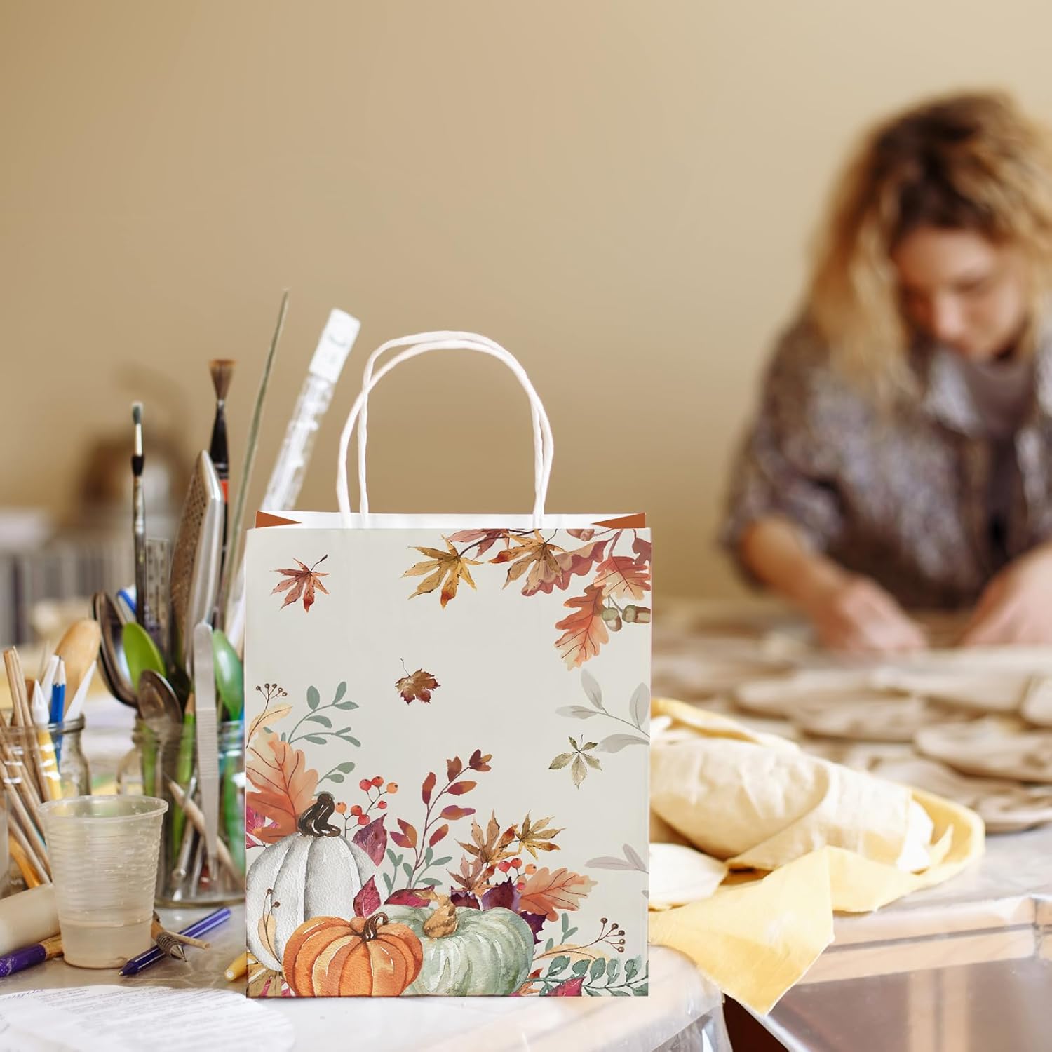 JarThenaAMCS 24Pcs Fall Gift Bags with Handle Autumn Pumpkin Leaves Treat Goodie Bag Rustic Orange Paper Party Favor Bag for Harvest Thanksgiving Baby Shower Birthday Party Favors Supplies - Image 7