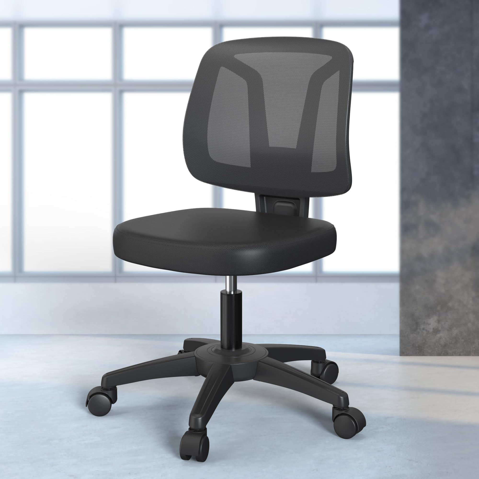Modern Comfortable Low Swivel Computer Office Task Chair with No Arms for Home Study and Work, Mesh Back, Black