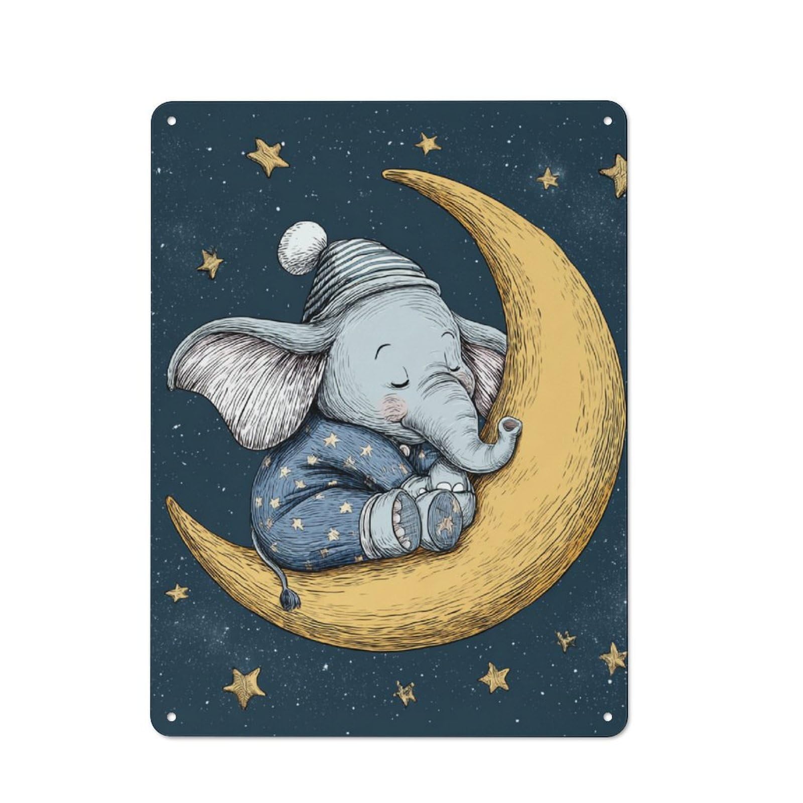 Cute Elephant on Crescent Moon Retro Metal Wall Decor 40x30cm, Metal Sign for Pub, Home Bar, Shed Or Man Cave, for Relaxed Wall Styling