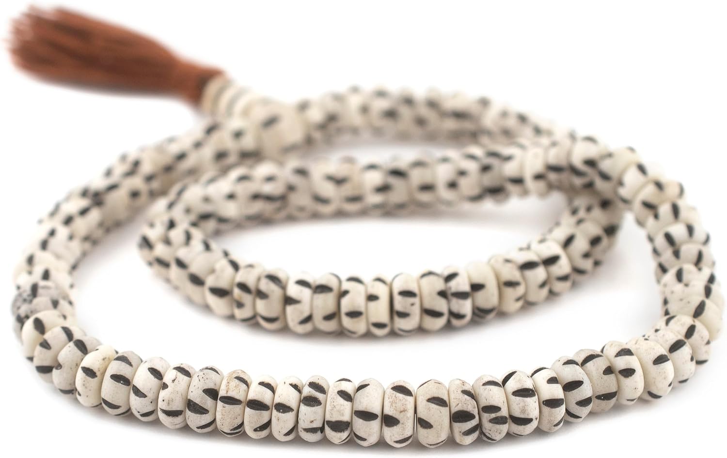 The Bead Chest White Carved Disk Bone Beads 8mm Nepal Black and White Large Hole 15-16 Inch Strand