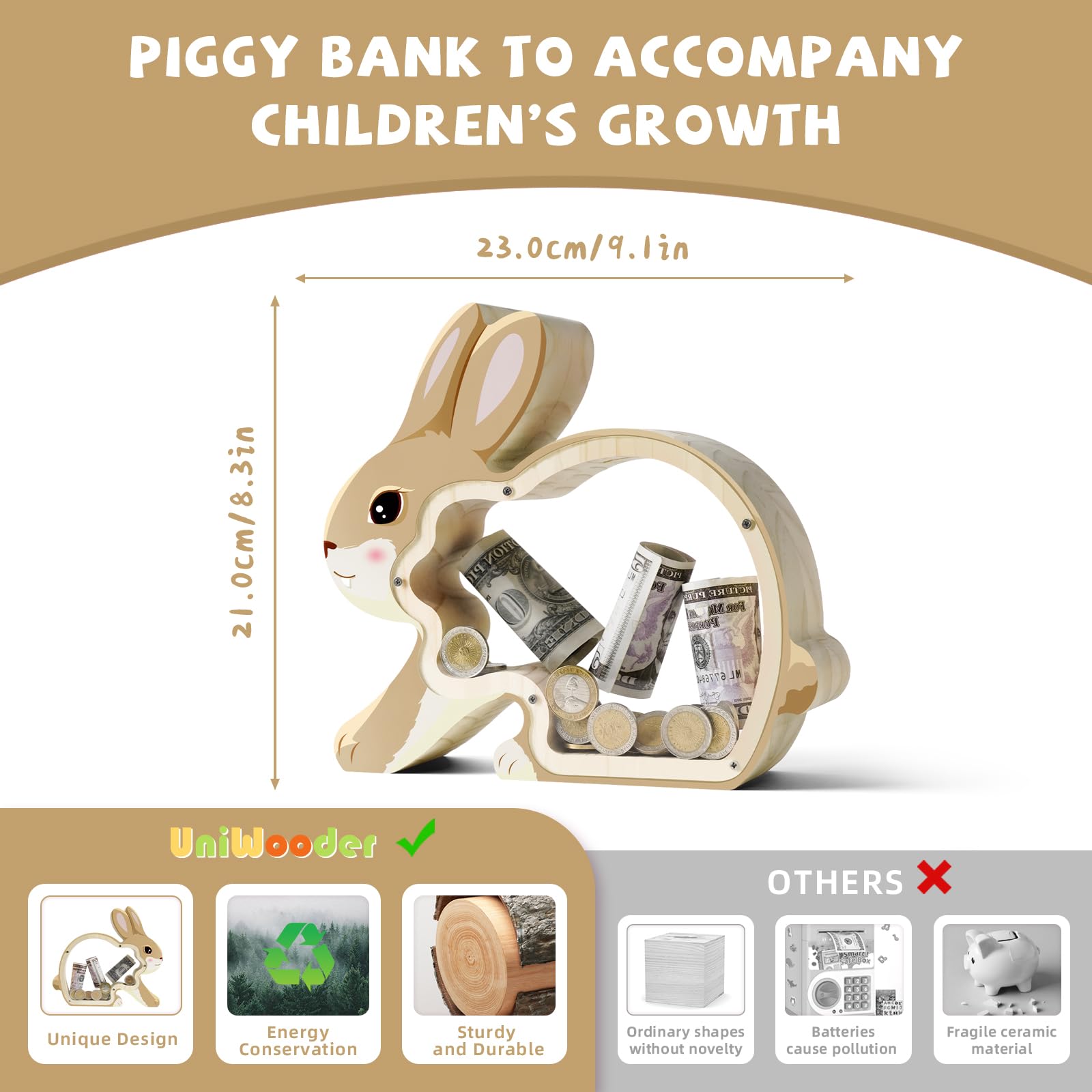 Wooden Bunny Piggy Banks for Kids, Unbreakable Rabbit Coin Bank for Kids with Letter Sticker, Wooden Cashbox Money Jar Personalizable Gift, Educatinal Toy for Boys, Girls