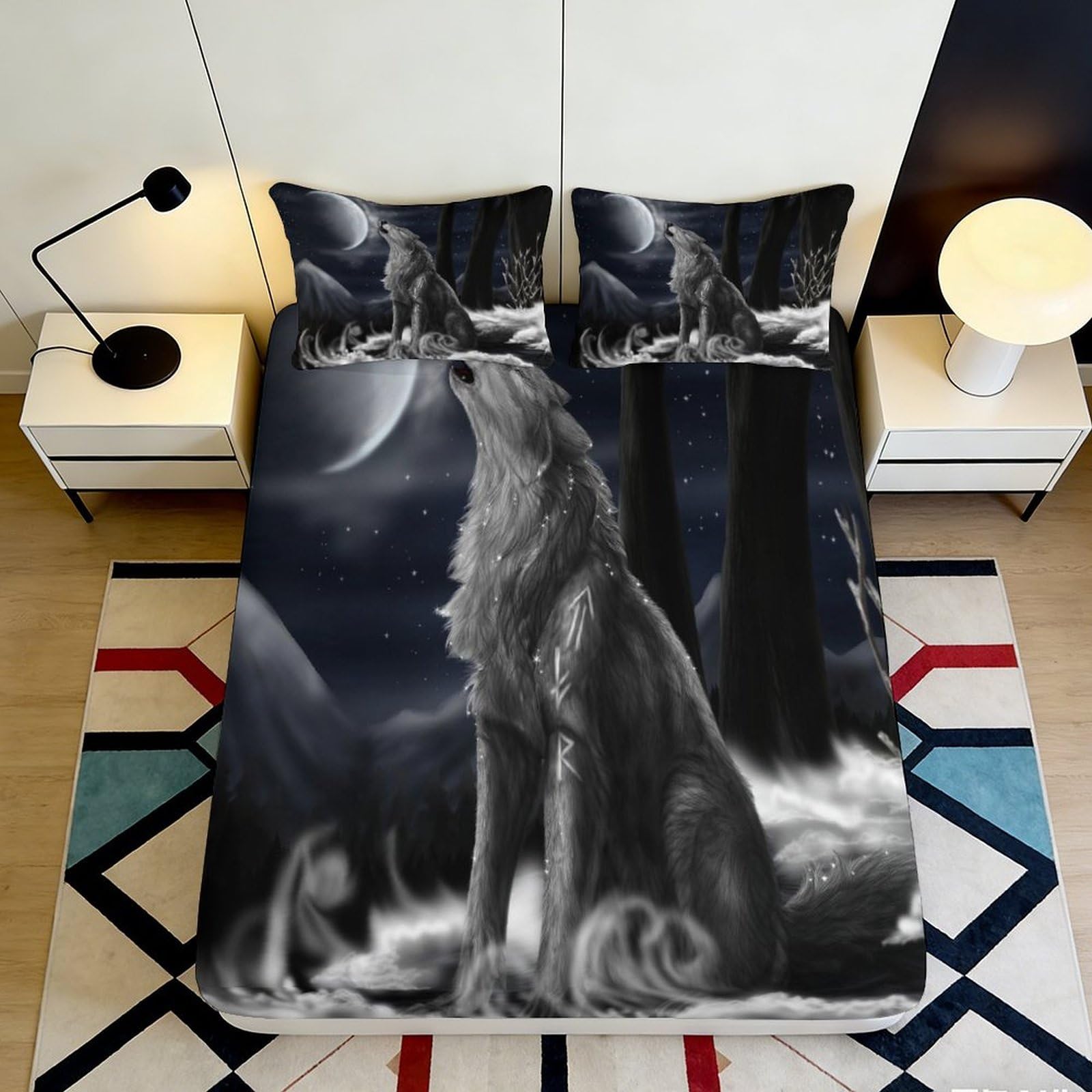 3D Printed Wolf Moon Fitted Sheet Microfiber Soft Breathable Night Forest Bed Cover for Bedroom Dormitory Guest Room Mattress Protection Décor 120x200x25cm