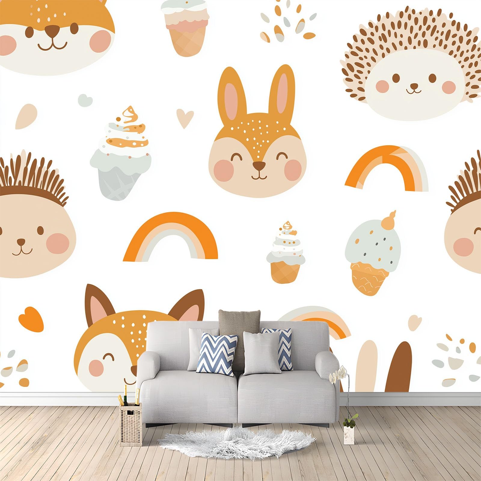 Fototapeta z efektem 3D, kreskówki, zwierzęta, lody, biała, tapeta 500 x 280 cm, tapeta z włókniny, nowoczesna tapeta ścienna, salon, sypialnia, pokój dziecięcy, dekoracja ścienna, tapeta z motywem