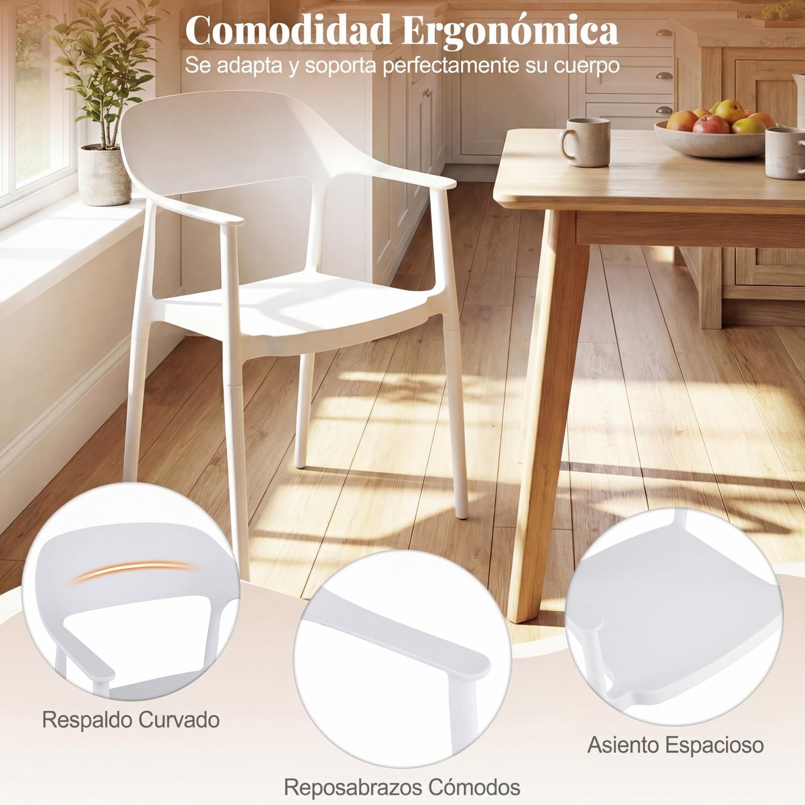 COSTWAY Silla de Cocina Pack 4 de Plástico Reciclado, Sillas de Comedor Apilables con Respaldo Curvado, Apoyabrazos y Asiento Amplio, Sillas Terraza para Exterior e Interior, Salón, Jardín (Blanco,4)