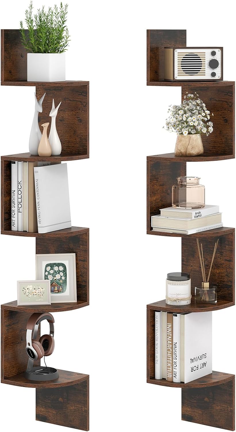 Giantex Corner Shelf Wall Mounted Set of 2, 5-Tier Floating Corner Bookshelf, Home Storage Organizer, Wooden Display Stand Rack for Wall, Plant Shelf for Living Room, Bedroom, Kitchen, Rustic Brown