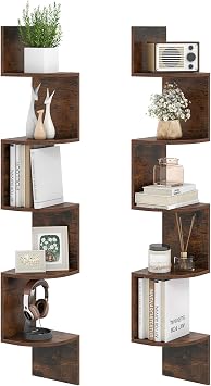 GIANTEX Corner Shelf Wall Mounted Set of 2, 5-Tier Floating Corner Bookshelf, Home Storage Organizer, Wooden Display Stand Rack for Wall, Plant Shelf for Living Room, Bedroom, Kitchen, Rustic Brown