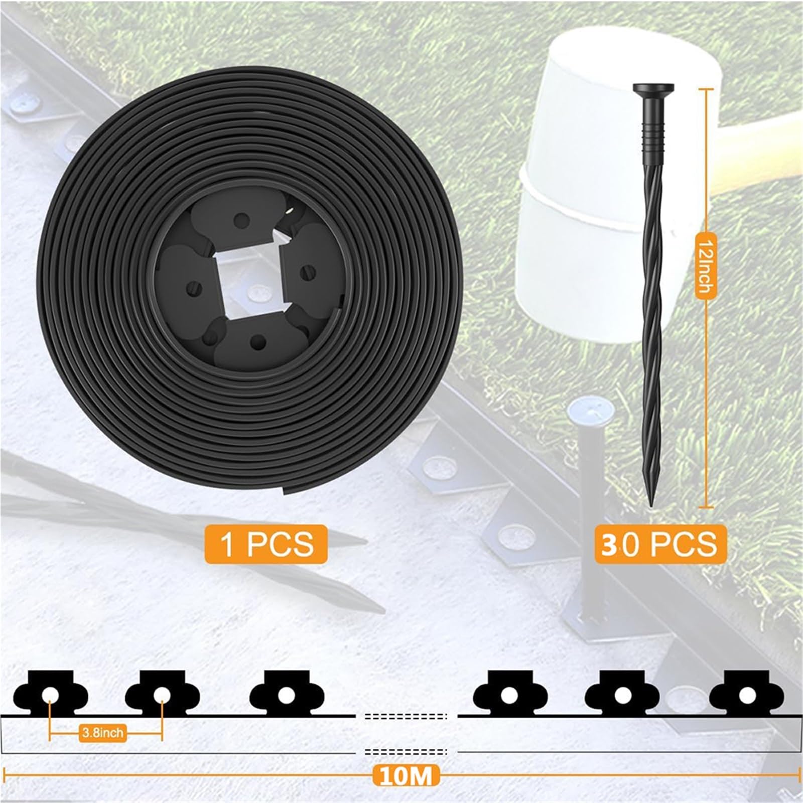 Bordura de Jardín de Plástico Landscape Edging Kit Includes of Lawn and 30 Spikes for Landscaping Flower Gardens and Lawns(Black-10M)