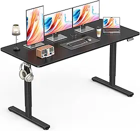 Mesa de pé, mesa de pé elétrica ajustável em altura, 139 x 61 cm, mesa de escritório em casa com placa de emenda, moldura preta/parte superior preta