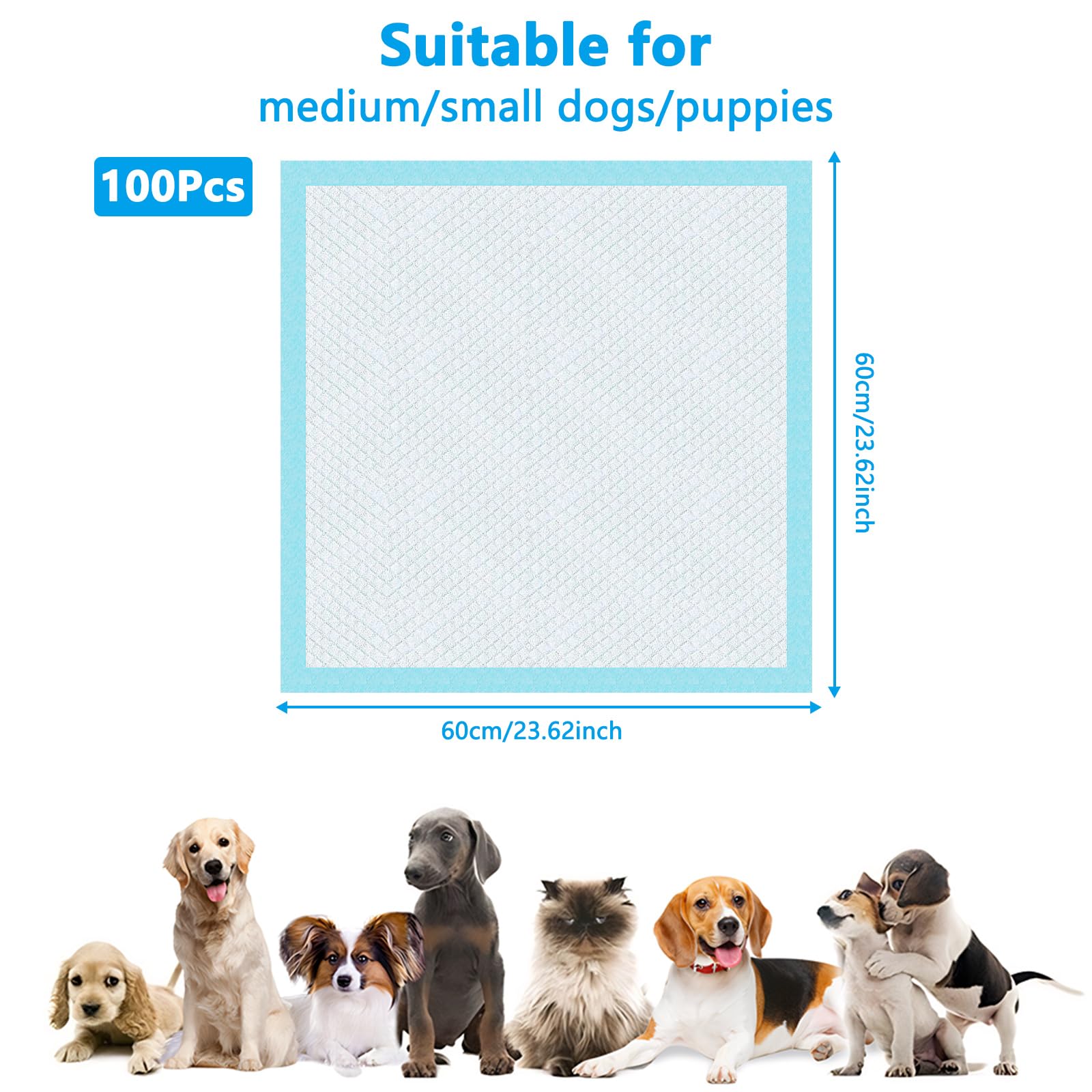 100 Stück PIPI Matten für Hunde und Welpen, 60 × 60cm Trainingspads, Wickelunterlagen Baby Geeignet Pinkelmatte Training, Auslaufsicheres 6-Lagiges Design, Sehr Schnelle Absorption (M)