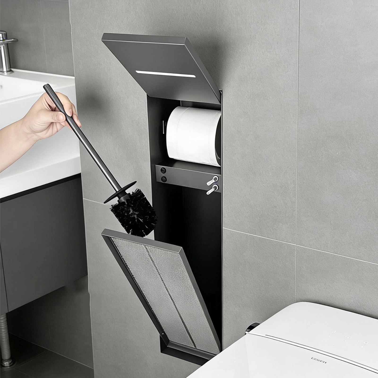 Nicho de papel higiénico empotrado con estante y soporte oculto para cepillo para remodelar el baño