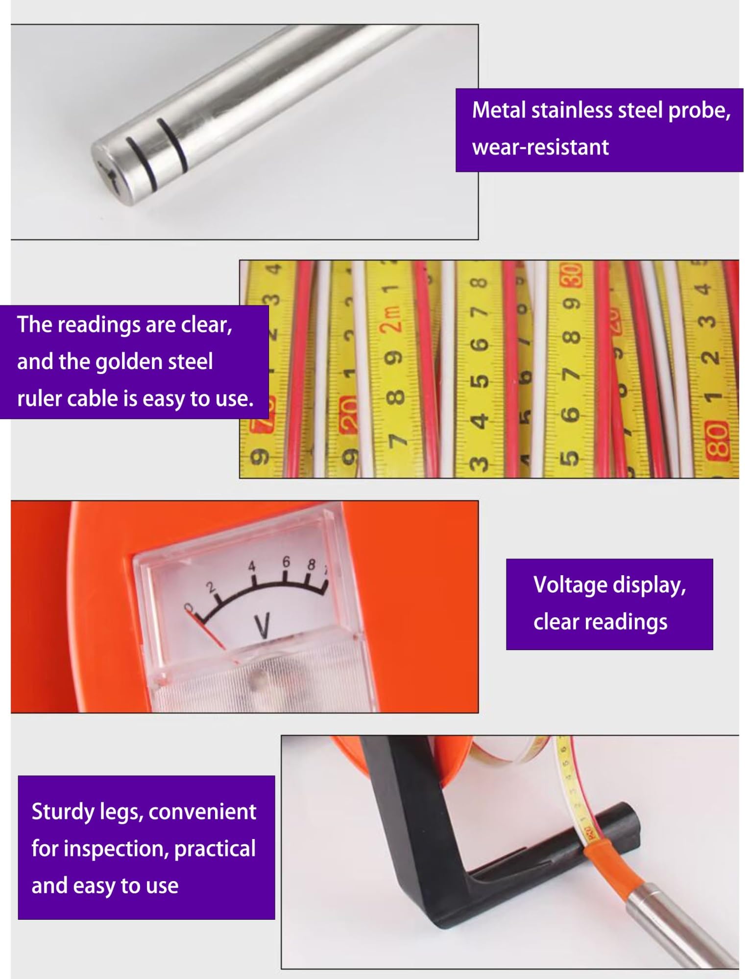 Medidor de nivel de agua for pozos profundos de 100 metros, con sonda de 25 mm, retención de pico e indicador LED for pozos, perforaciones y aguas subterráneas.(30 meters/98.4ft)
