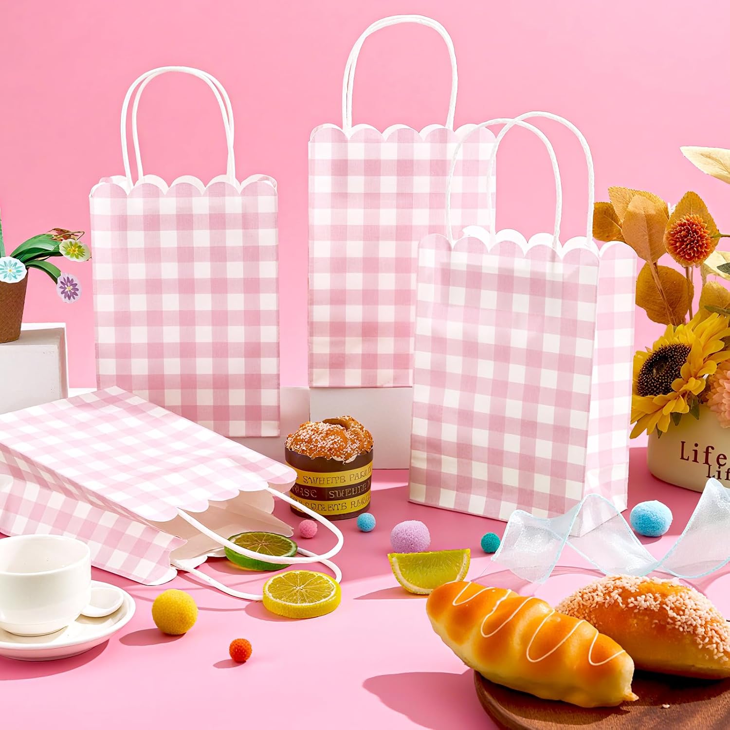Yiaoyinnz 12 Pcs Pink Gingham Party Supplies Pink and White Plaid Party Favor Bags with Handles Light Checkered Treat Candy Goodie Bags for Wedding Birthday Baby Shower Picnic Favors - Image 4