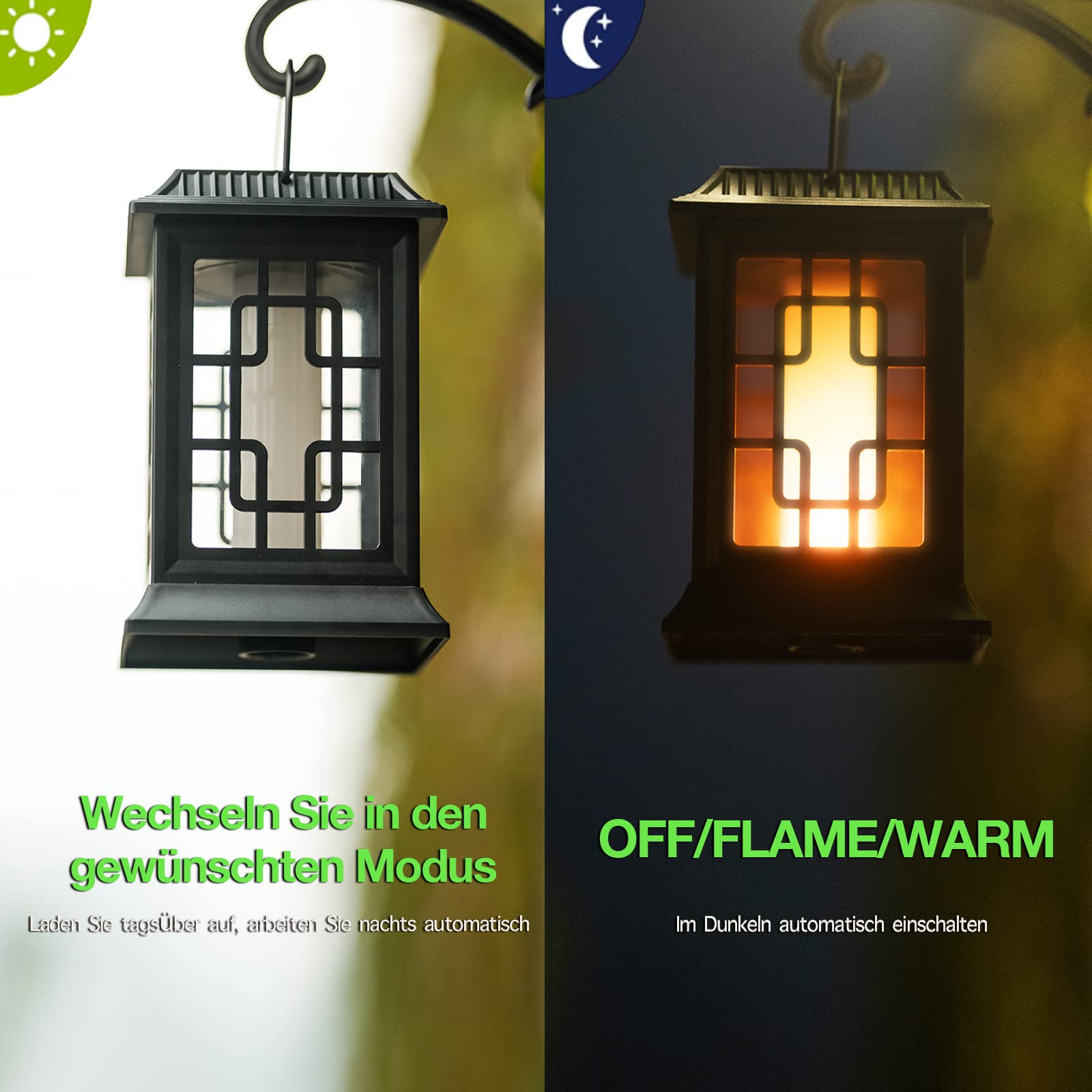 Solar Laterne für Draußen Gross LED Solarlampen With Two Working Modes Flackernde Flammen-Effekt/Warmes Licht IP65 Windlicht Outdoor,Solarleuchten für Deko (2Paket)