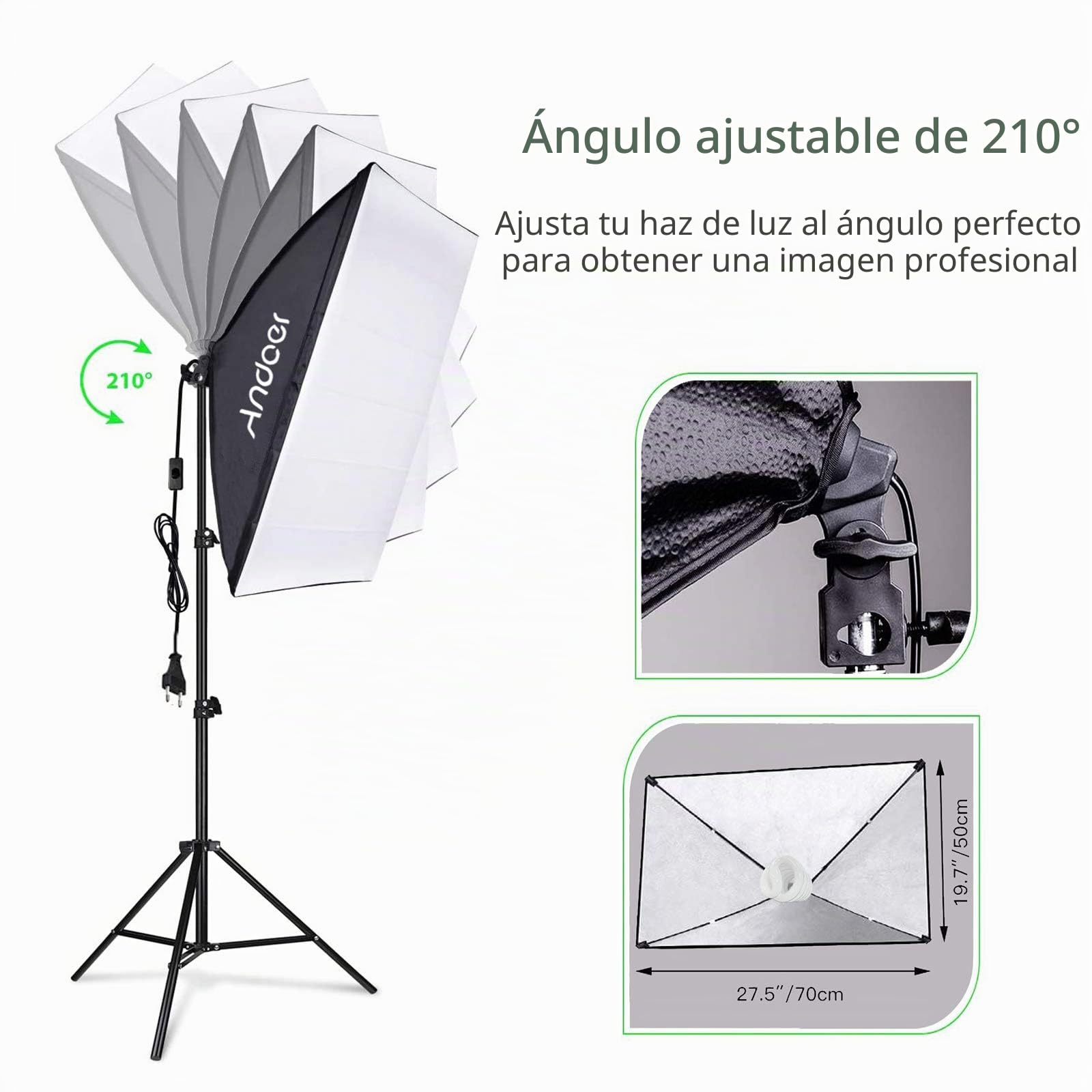 Andoer Kit de Fotografía, 2 Softbox 50x70cm, 2 Bombillas de 135W y 2 de 45W, 3 Fondo de Blanco, Negro, Verde, Sistema de Soporte de 2x3m para Retratos y Videos