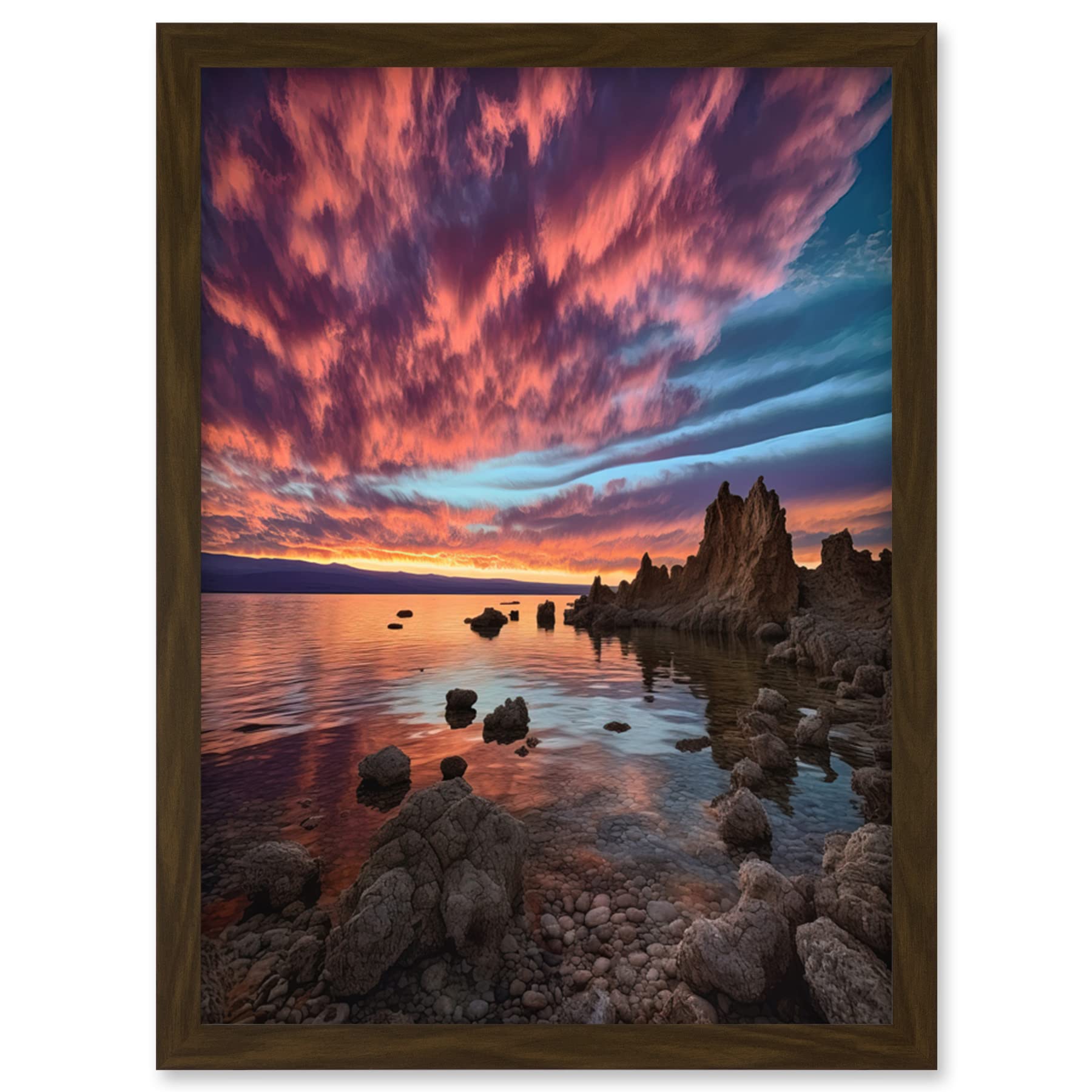 Artery8 Atmospheric Sunset Clouds Over Mono Lake Lakeside Landscape Modern Watercolour Painting Artwork Framed Wall Art Print A4