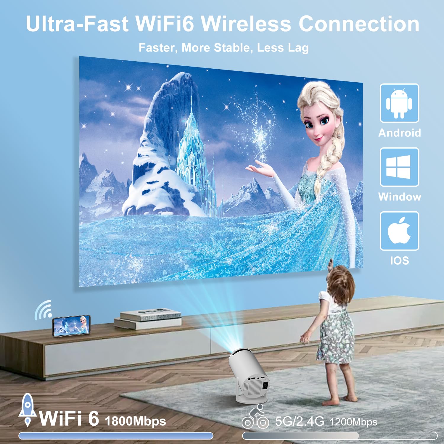 ZDSSY Proiettore Smart, 1080P Native con supporto 4K, WiFi 6 e Bluetooth 5.4, correzione autofocus/trapezio, app integrate, controllo vocale, proiettori di film portatili per esterni