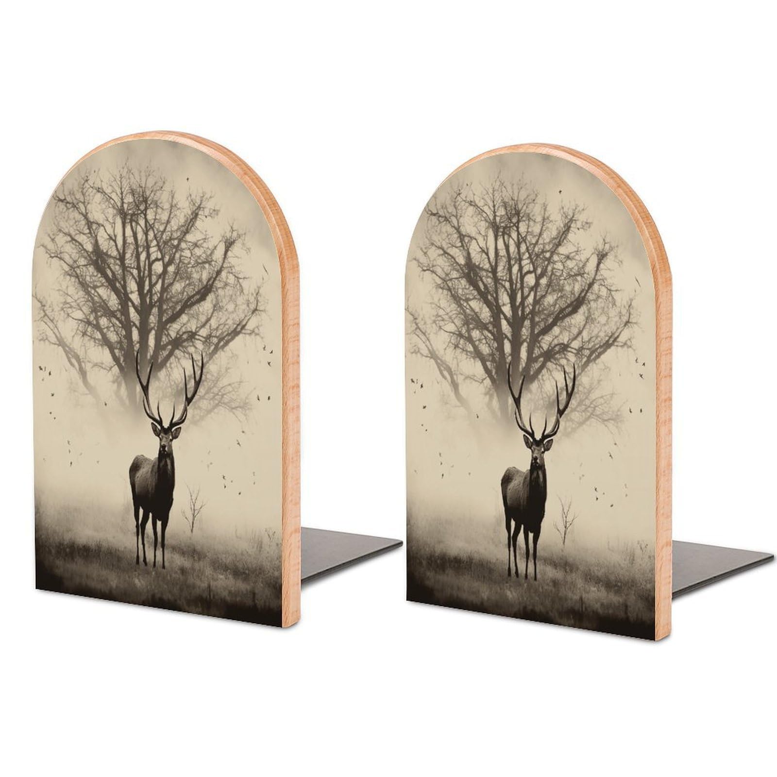 Abstract Tree Elk Picture Bookend Wood Book End for Shelves Heavy Duty Non-Slip Wooden Bookend Support Universal Economy Bookends Fancy Modern Decorative Book Accessories 1 Pairs