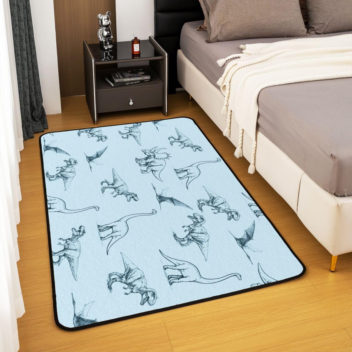 Homewish Jura Teppiche Wohnzimmer Dinosaurier Rug Pflegeleicht Flugsaurier Handgezeichnet Triceratops Teppich 100x150 Einfache Linienzeichnung Blaugrün Carpet Living Room