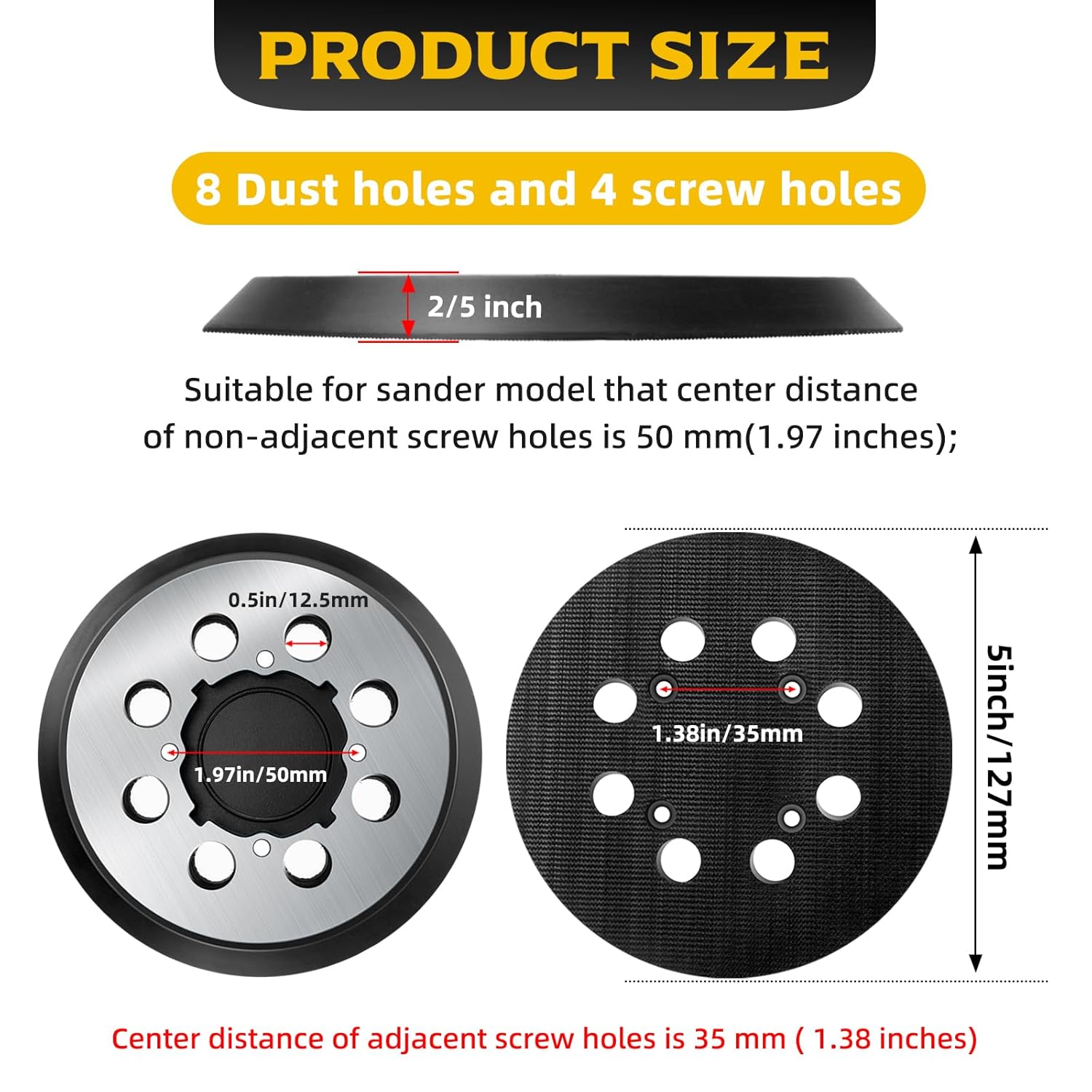 4 Pack 5 Inch 8 Hole Hook and Loop Orbital Sander Backing Pads, Compatible with DEWALT Random Orbital Sanders, Replacement Parts DWE64233 & N329079, Aluminum Oxide, Rubber