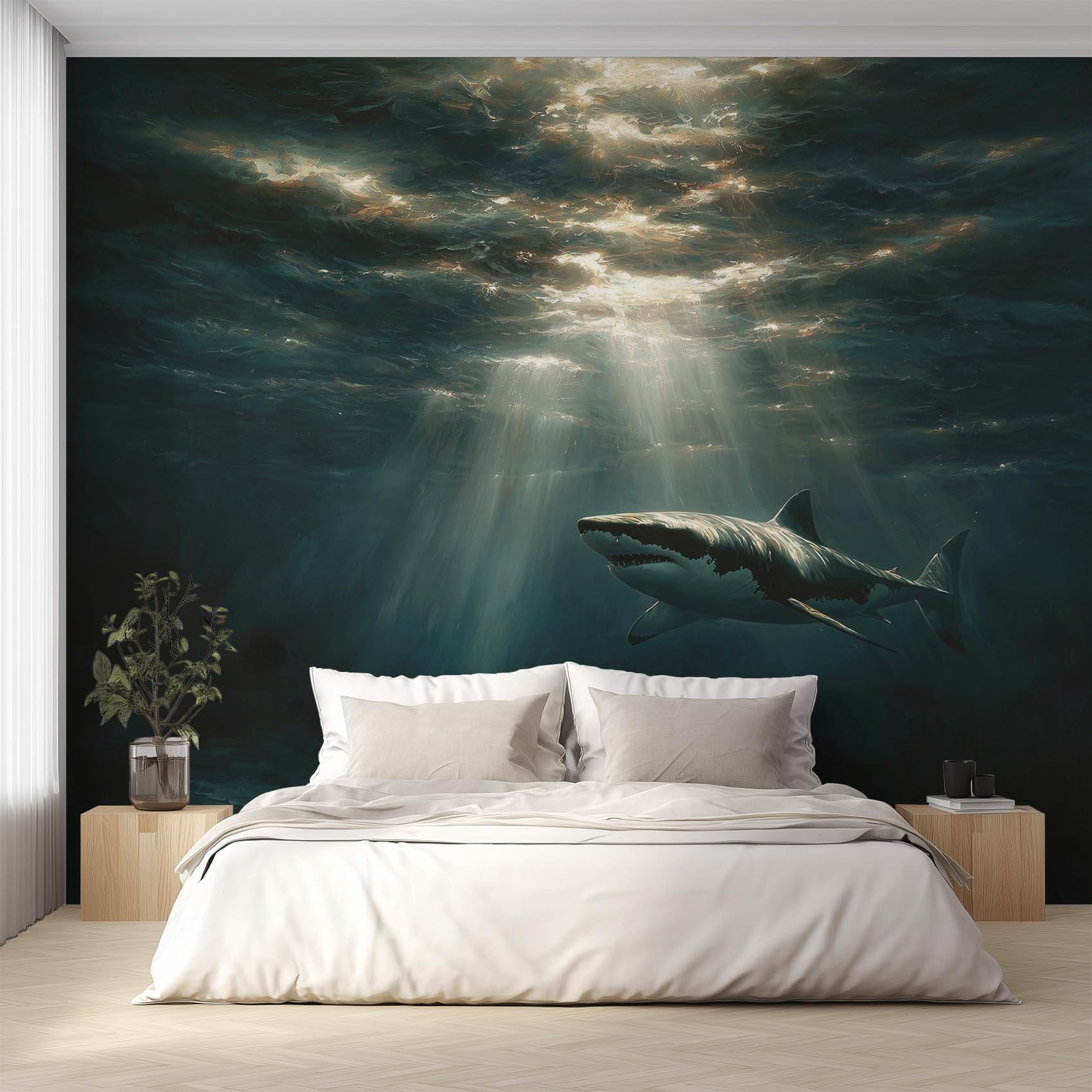 Papier peint requin blanc panoramique vie marine fresque murale salon L350xH256