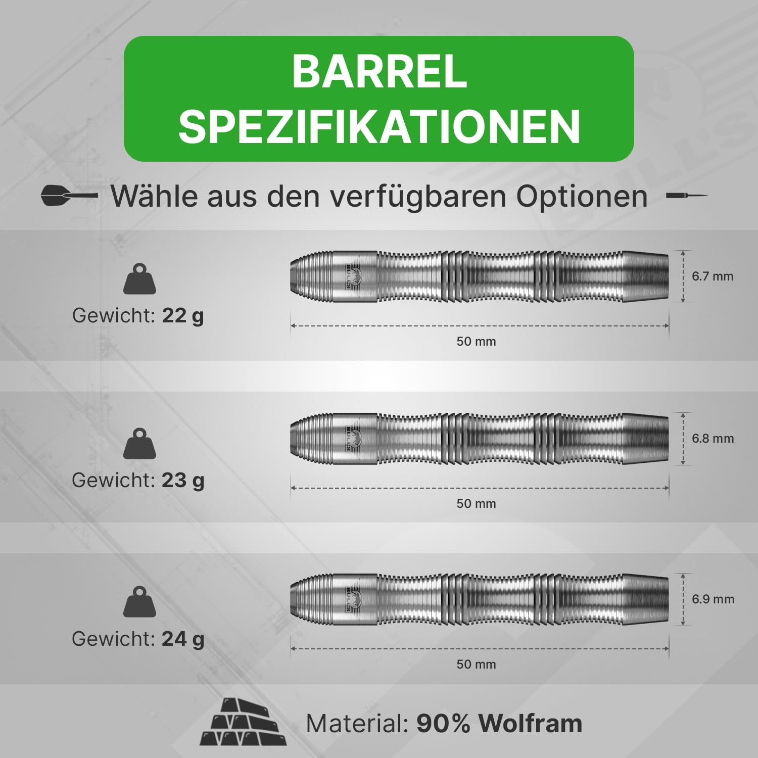 Bull's Prime Curved 90% Tungsten Dart Barrels für engere Gruppierungen - Ergonomisches Curved Design mit Präzisions-Ring Grip, Steeldart Barrels - 50 mm, 22g 23g 24g, 3er Barrel Set