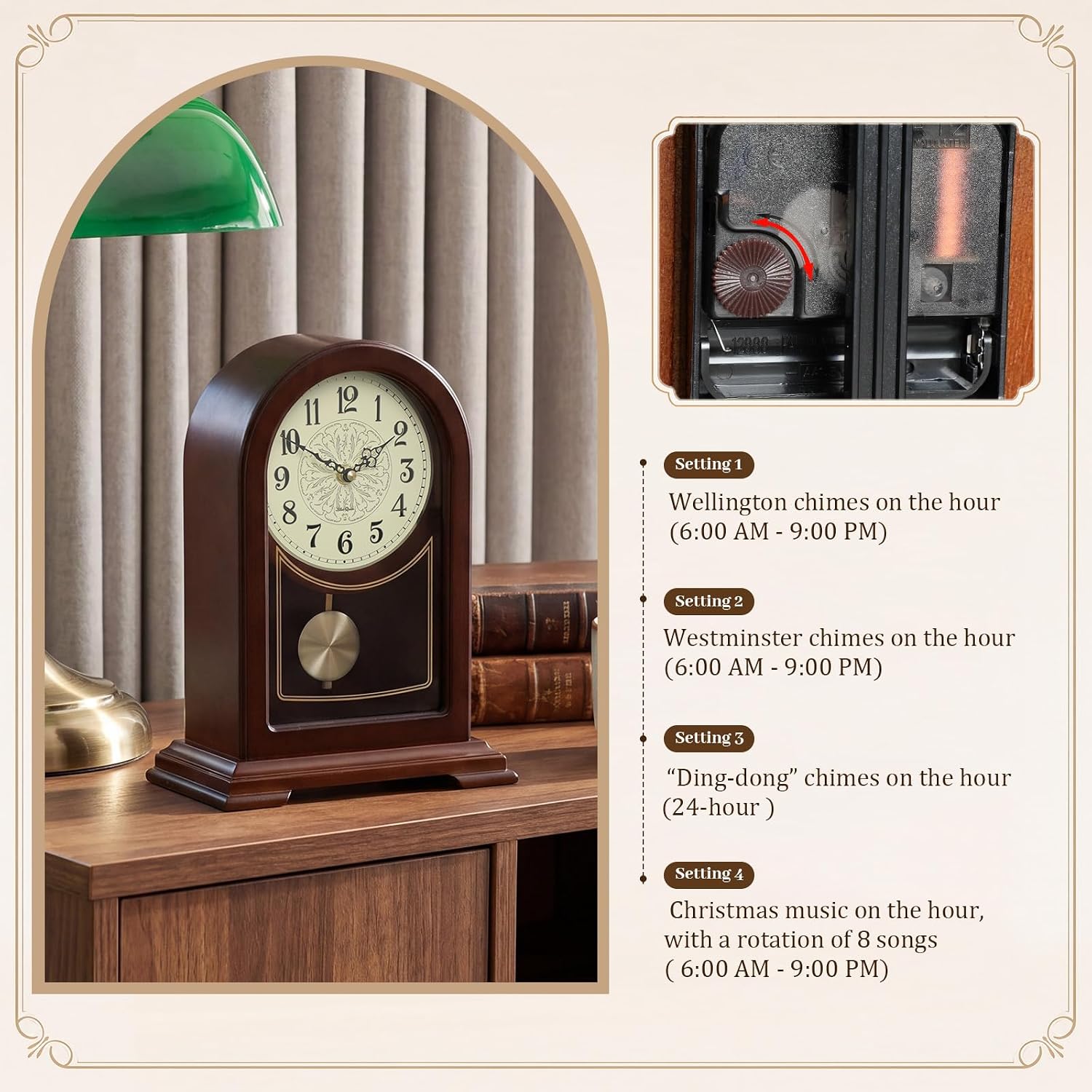Tondiamo Brown Wooden Mantel Clock with Hourly Chime Swinging Round Pendulum Silent Quartz Desk Clocks Table Clock for Living Room Decor Above Fireplace Shelf Office, Battery Operated