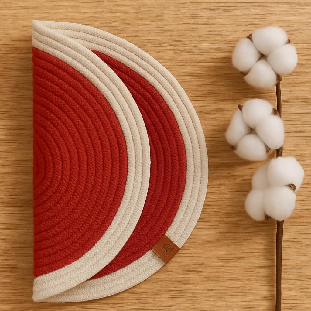 Cotton Rope Placemats, Round Red with White Border, Set of 4, Heat Resistant Table Mats