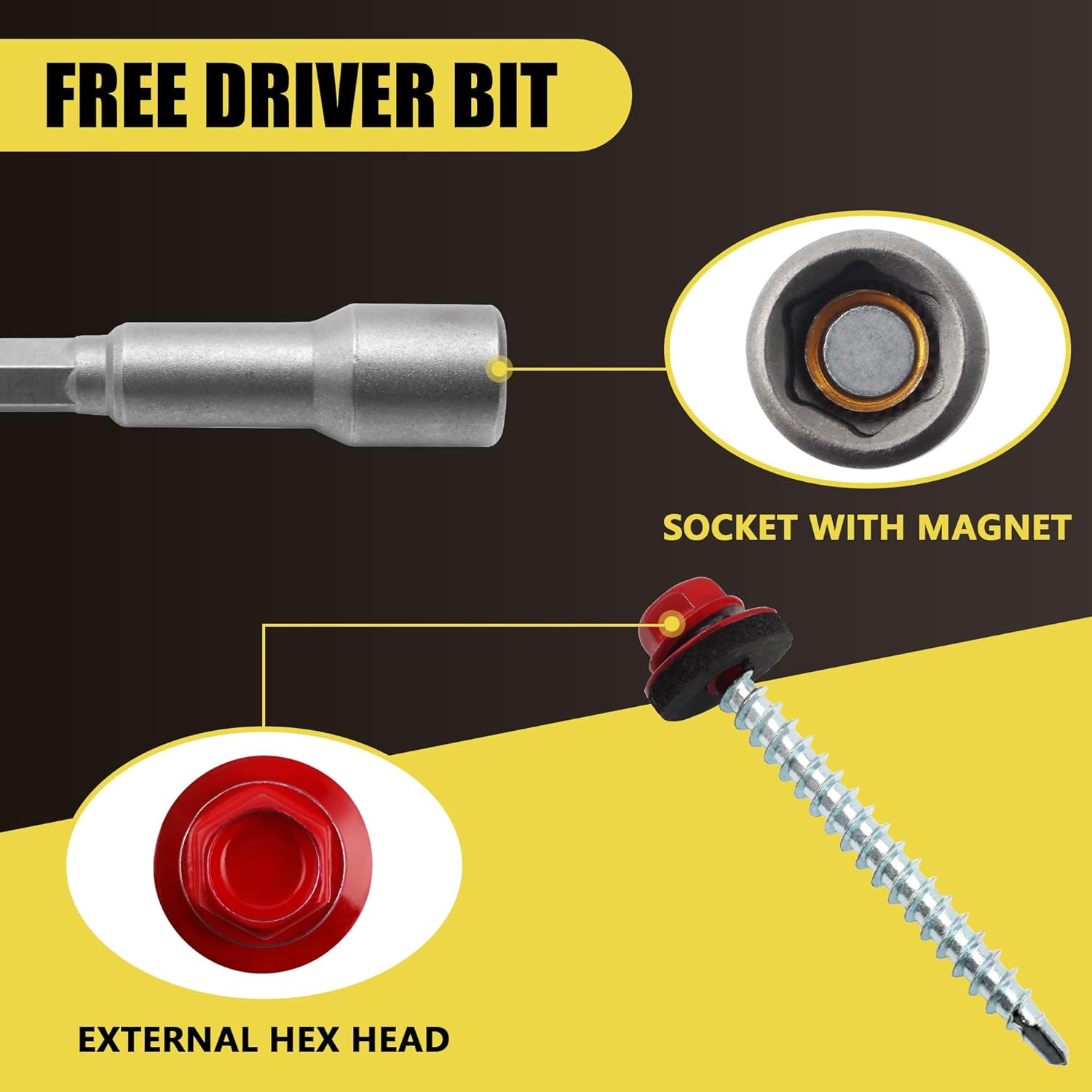 JEGONFRI 200pcs #10 x 2 Red Hex Head Self-Drilling Metal Roofing Screws, EPDM Washer, Colored Head, Wood Screws, Sheet Metal Roof Screw with Hex Driver Bit (Red, 2 in)