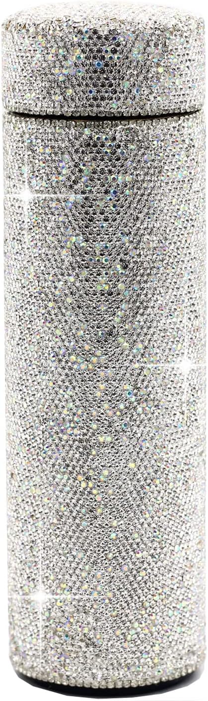 Bling Rhinestone Stainless Steel Water Bottle - 17oz Vacuum Insulated Diamond Tumbler, Gift for Women, Girls and Kids - Sparkling Silver Glitter Cup (Silver)