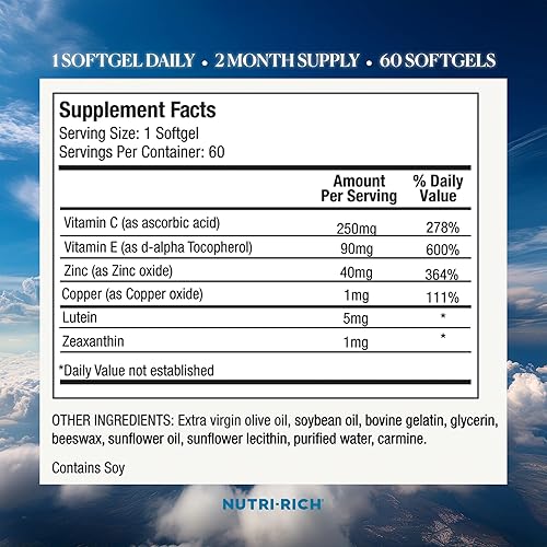 Miniatura 4 de Nutri-Rich Suplemento para la salud ocular, apoyo a la visión, luteína, zeaxantina, vitamina C, vitamina E, zinc y cobre para apoyar la visión, 60
