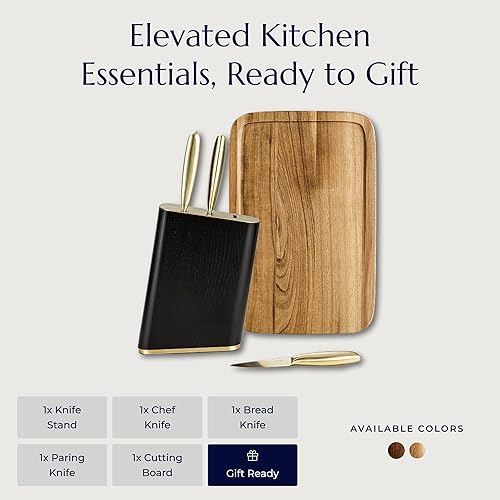 Miniatura 3 de JazzUpCo Juego de cuchillos de cocina alemanes de acero inoxidable con soporte y tabla de cortar de acacia, apto para lavavajillas, cuchillas Tabla