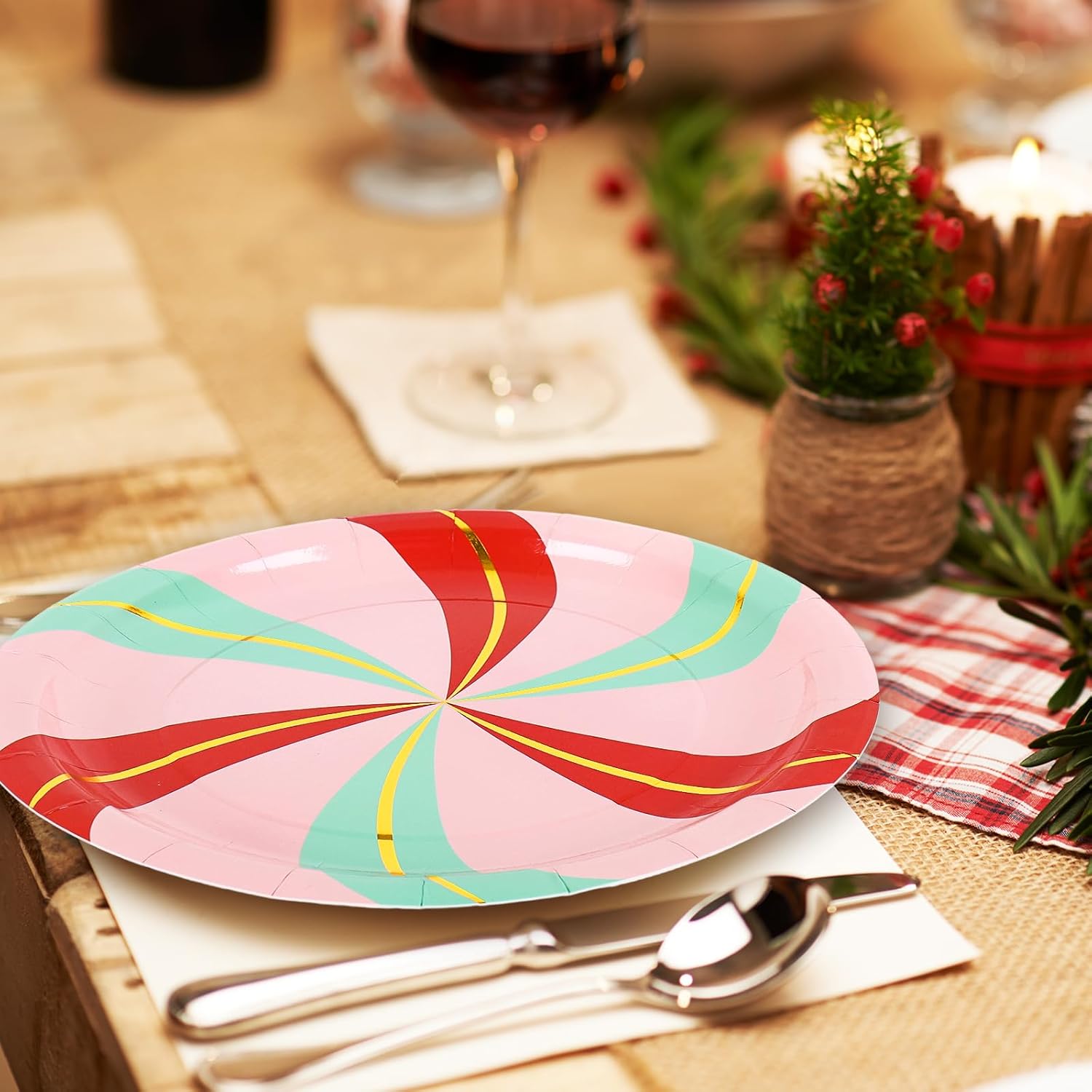JarThenaAMCS 50Pcs Christmas Paper Plates Gold Foil Candy Cane Stripe Disposable Plates Pink Red Green Dinner Dessert Plate for Xmas Winter Party Tableware Supplies - Image 5