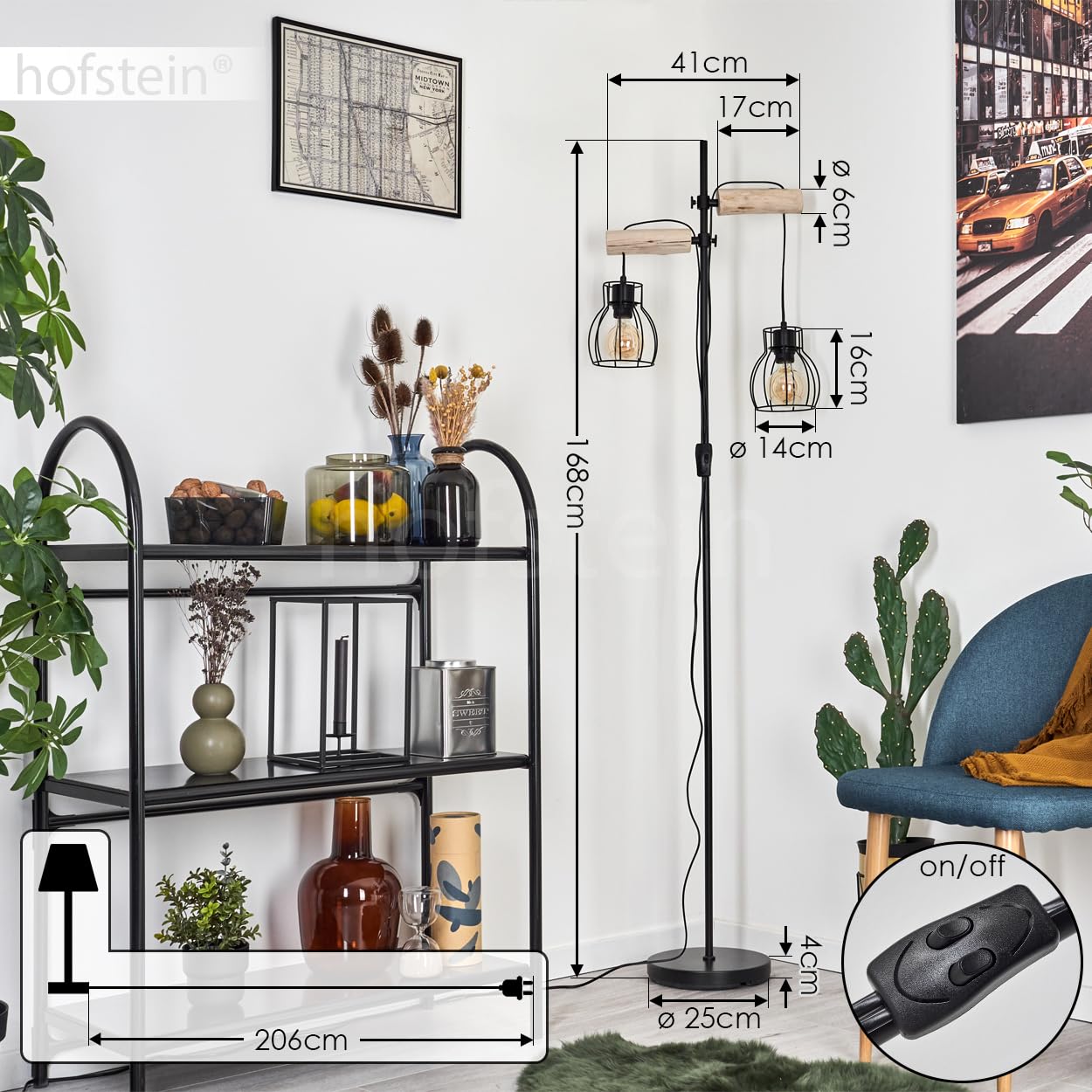 hofstein Lámpara de pie Gondo vintage de metal/madera en negro/negro, 2 luces, 2 x casquillo E27, lámpara de pie en diseño retro/vintage en óptica de celosía con interruptor on/off, sin bombilla(s)