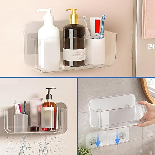 Miniatura 8 de Diesisa Acrylic Wall Mount Organizer - 10.6" D x 5" W x 6" H, Large Size Adhesive Wall Self - Shower Caddies Organizer - Bathroom Shelves with Self