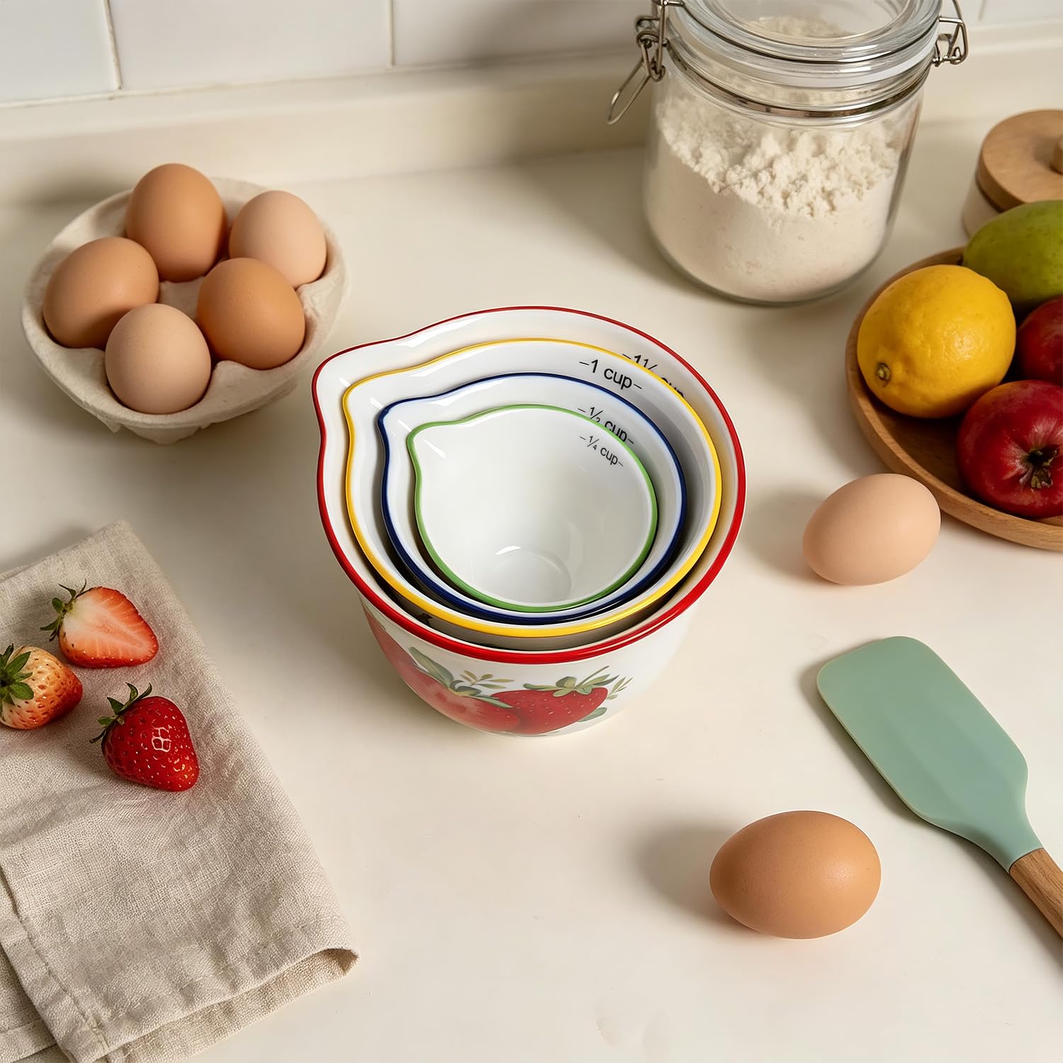 Sizikato Set di misurini in ceramica per cucinare e cuocere, set da 4 pezzi, simpatici motivi di frutta
