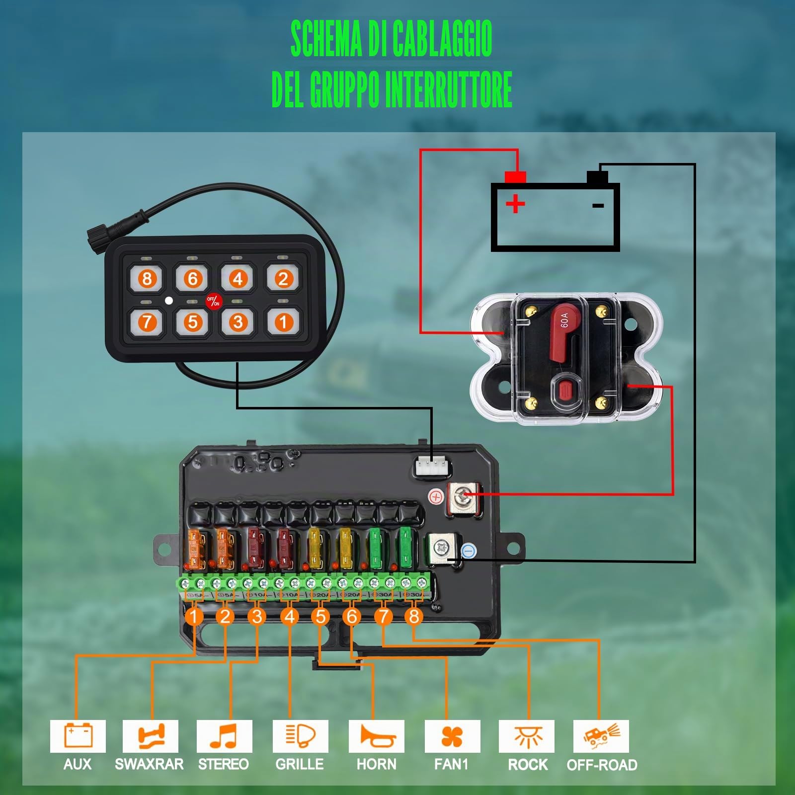 Geloo Pannello interruttore 8 Gang, 12 V/24 V Sistema di Controllo del Circuito Universale Touch Switch Box sette colori Regolabile per auto, camion, camper, barca, SUV
