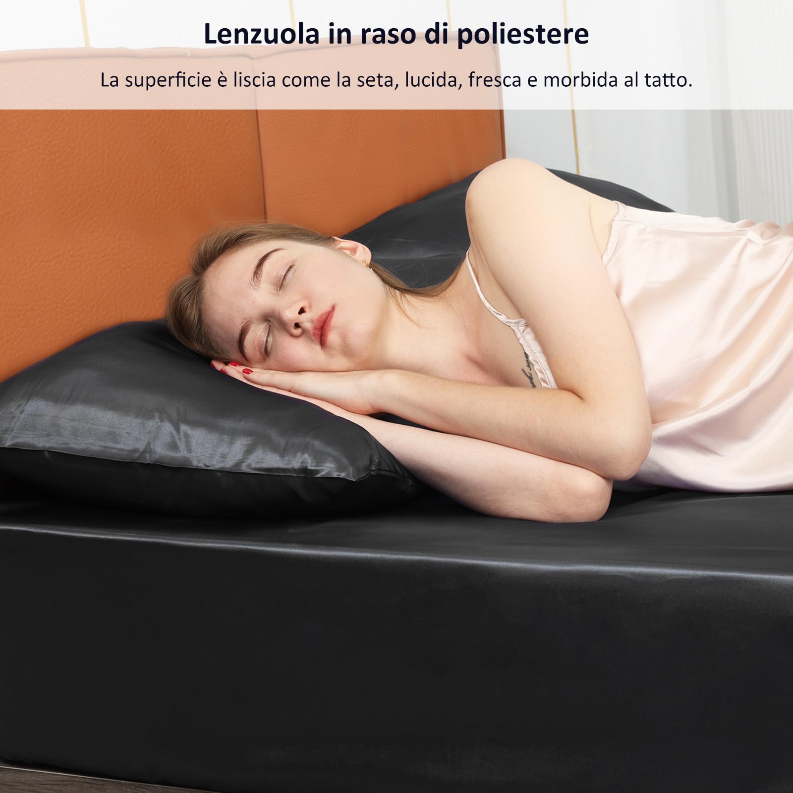 Lirex Lenzuola con Angoli in Raso, Letto Matrimoniale 180x200cm, per Materassi Alti Fino a 35 cm, Lussuoso e Setoso Biancheria da Letto in Poliestere Morbido, Nero