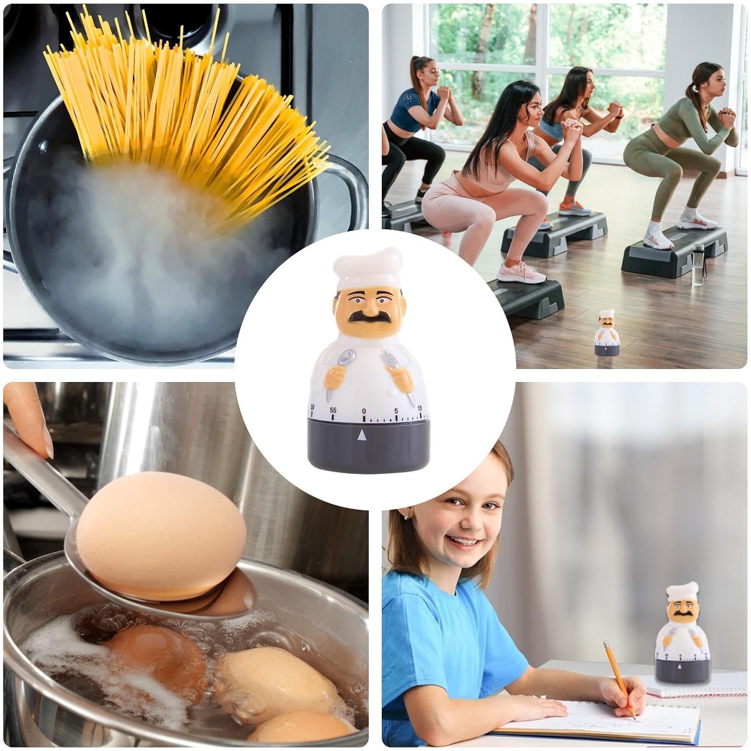 Collage showing the chef timer used for various activities: boiling pasta, exercising, boiling eggs, and a child studying.