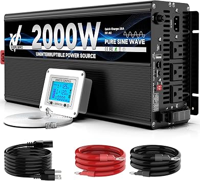 2000 Watt sump pump backup battery system, automatic switchover to battery inverter power, professional backup system in case of power failure, pure sine wave output Remote controller with LCD screen