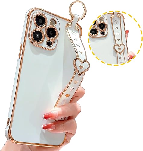 Miniatura 4 de IDweel Funda para iPhone 13 Pro Max, funda para iPhone 13 Pro Max con correa de pulsera ajustable con lazo para atril, diseño de corazón, esquinas