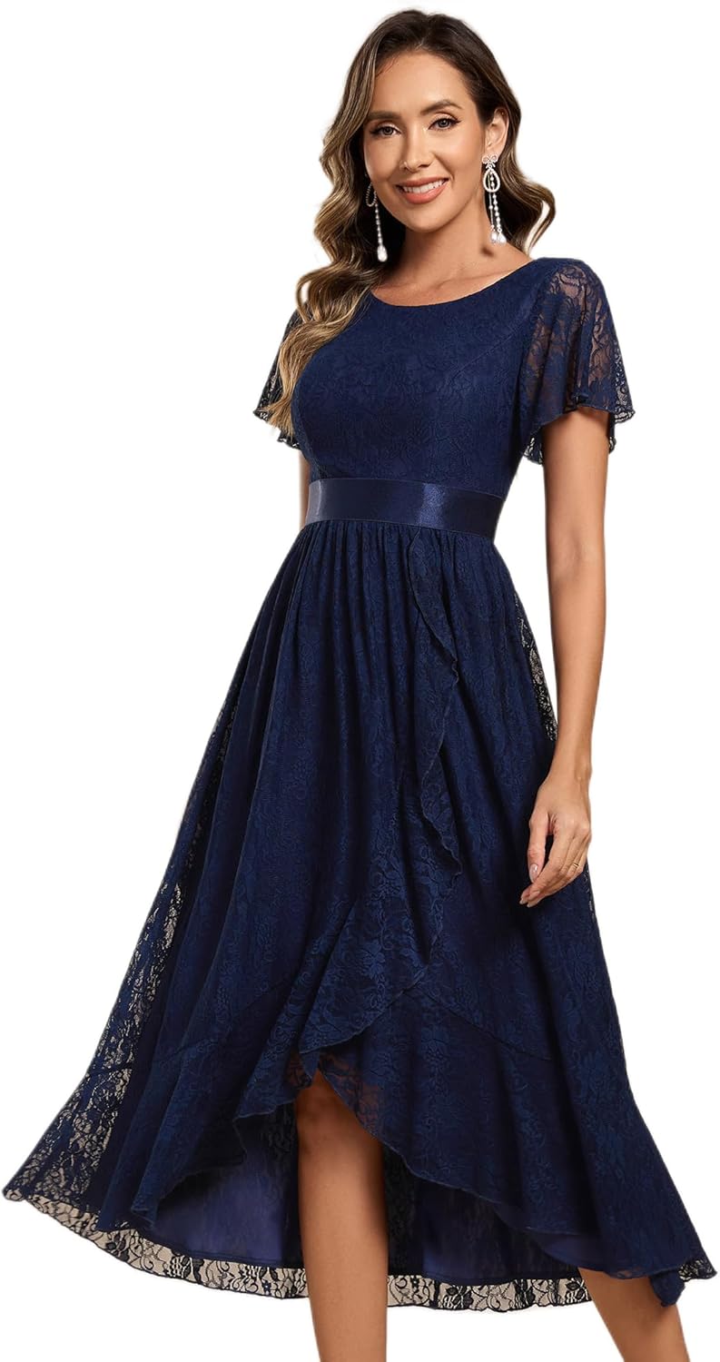Ever-Pretty Women's Lace Short Sleeve Round Neck Empire Waist Midi High Low Evening Gown 03489