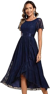 Women's Lace Short Sleeve Round Neck Empire Waist Midi High Low Evening Gown 03489 - Buy now