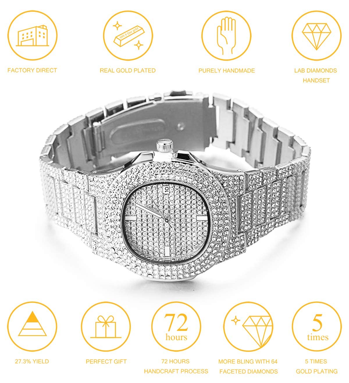 HALUKAKAH Diamante Reloj de Oro Hombres,Chapado en Oro Real de 18k/Platino Plateado en Oro Blanco Pulsera Cuarzo 24cm,con Pulsera Cubana 20cm,Diamante de Laboratorios,Gratis Caja de Regalo