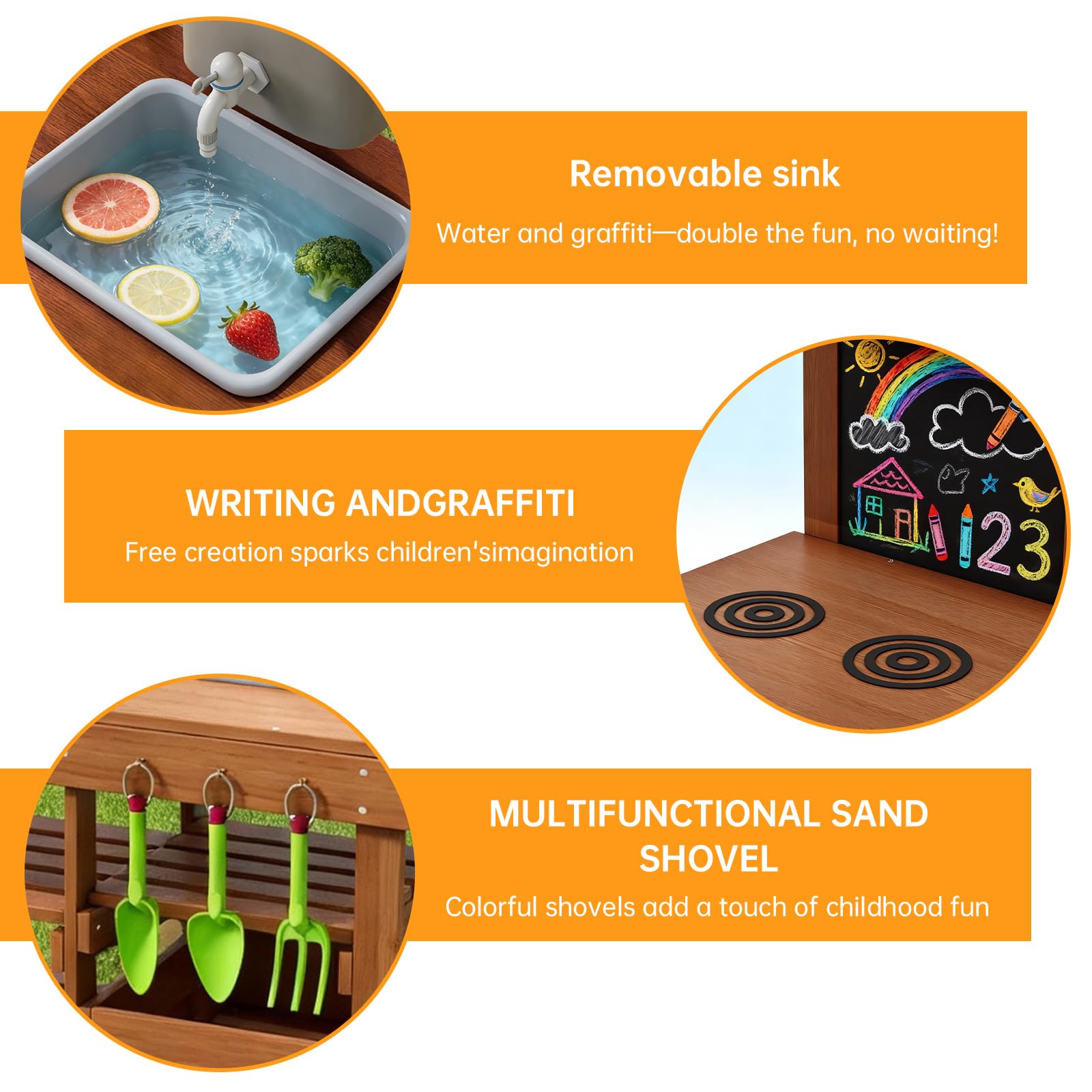 Mud Kitchen for Outdoor, Wooden Outdoor Pretend Kitchen with Sink, Water Slide, Faucet, Stove, Chalkboard and Storage Shelves M3 — view 6