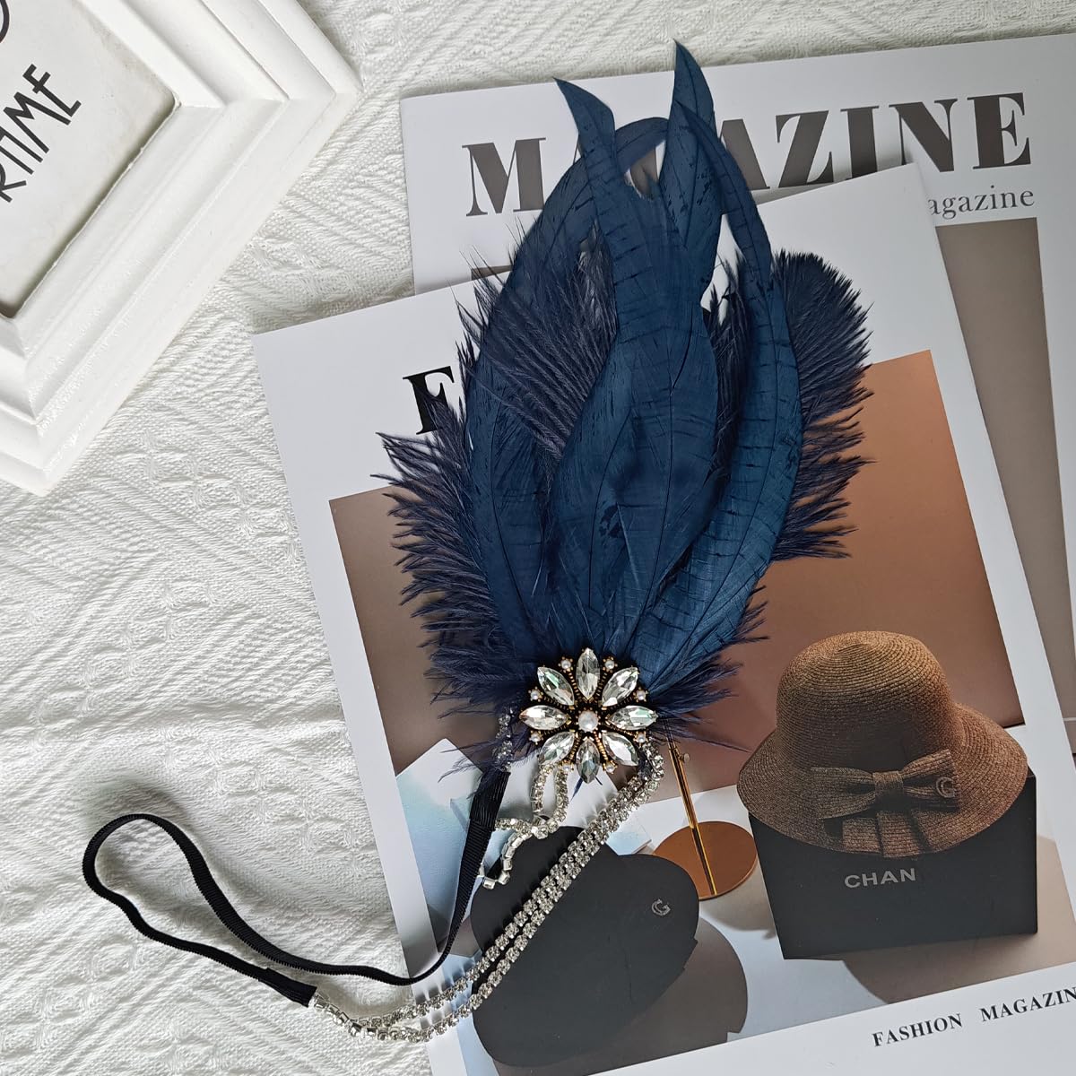 howkuhat Fascinators for Women Navy Headband 1920s Headband Great Gatsby Accessories Women Navy Fascinators for Weddings Vintage Feather Rhinestone Headpiece Wedding Accessories - Image 4