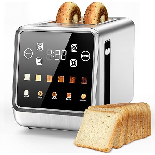 Toaster 2 Slice Wide Slot Stainless Steel Digital Toasters Best Rated Prime Touch Screen Toaster for 5 Bread Types/6 Shade Settings/Single Slot Toasting/Memory Function/Defrost/Reheat