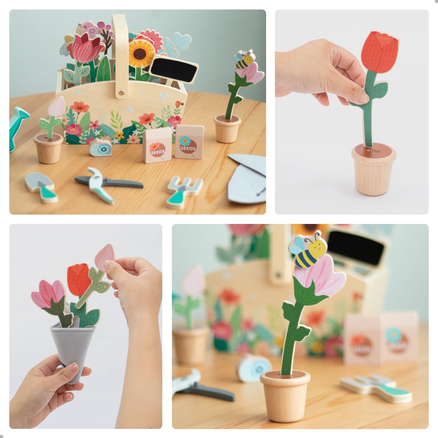 umu Wooden Gardening Set for Kids 30-Piece Pretend Play Garden Toy with Watering Can, Shovel, Rake & Tools Montessori Learning Toy for Boys and Girls Ages 26 - Image 4